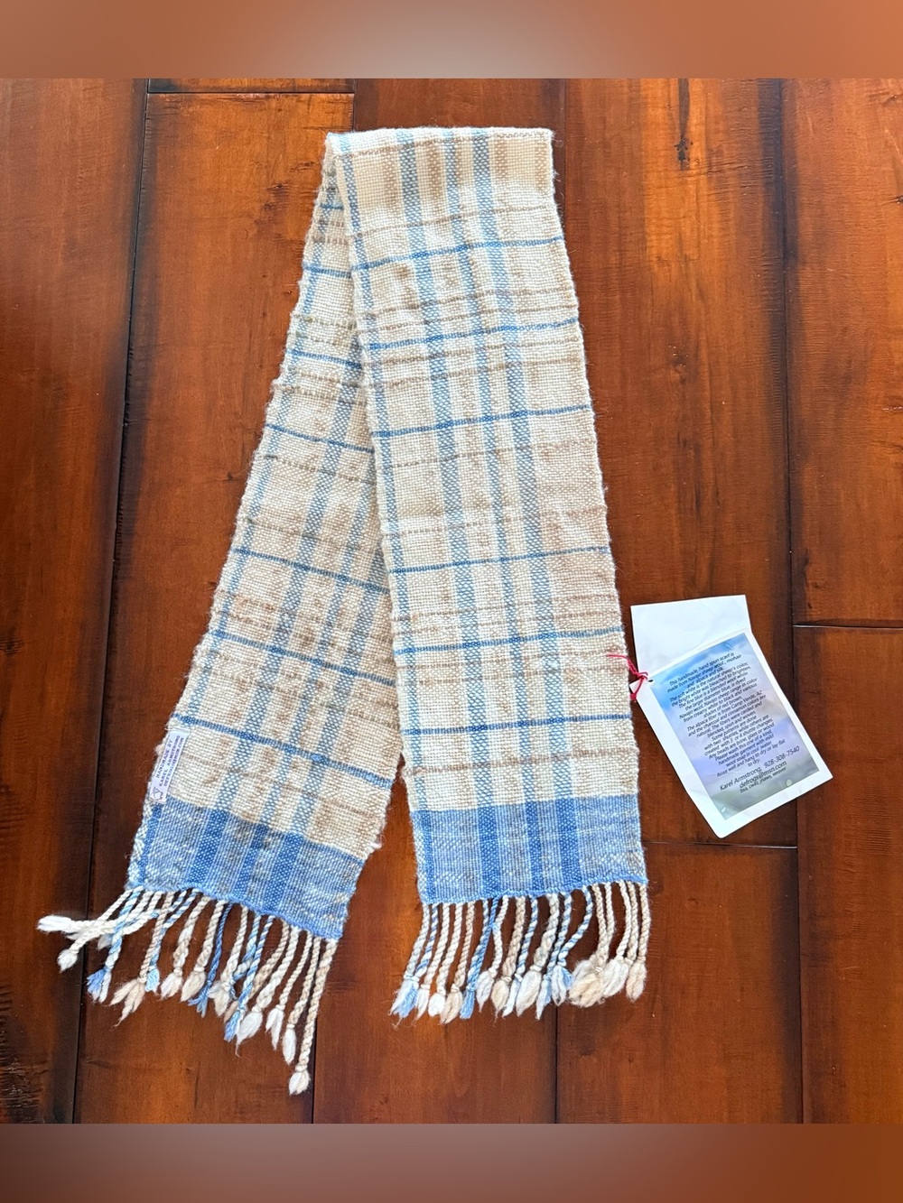 Karel Armstrong Handwoven Blue and Cream Scarf - Navajo